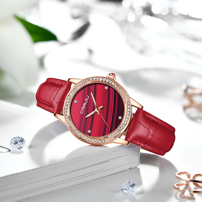 CRRJU 2022 New Luxury Branded Quartz Wristwatches Womens Charming Wrist With Thin Rose Gold Red Watch Leahter Watch Female