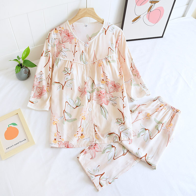 Women's Cotton Silk Short-sleeved Trousers Pajamas Thin Floral Print Sleepwear Suit Ladies Y-neck Homewear With Chest Pad Set