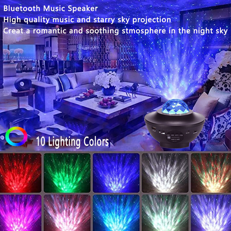 LED Star Projector Night Light Ocean Wave Galaxy Starry Sky Projector Night Lamp Music Bluetooth Speaker For Kid Gift Room Decor