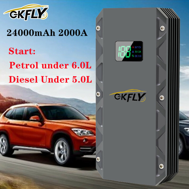 Gkfly alta potência 24000mah carro ir para iniciantes 12v 2000a dispositivo de partida portátil banco potência impulsionador da bateria do carro buster para a gasolina