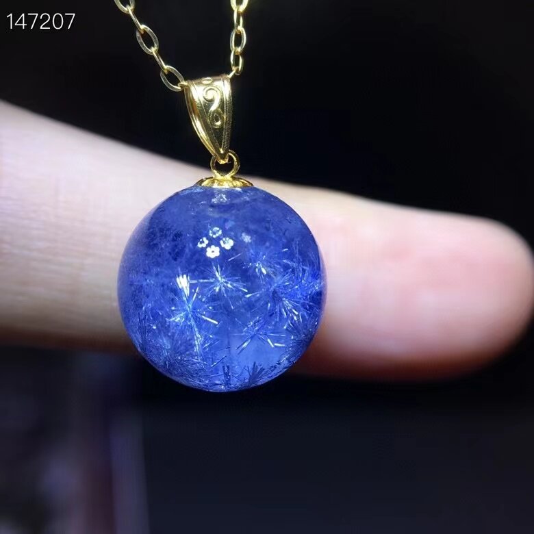 Natural azul rutilated dumortierite pingente de quartzo 12.5mm cristal redondo esfera colar 18k ouro jóias aaaaaaa