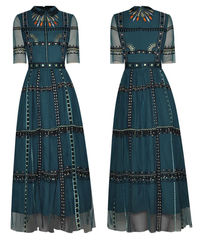 2023 New Designer Women's Turn-down Collar High waist Stripe Embroidery Vintage Mesh Dress Summer Elegant Party dress