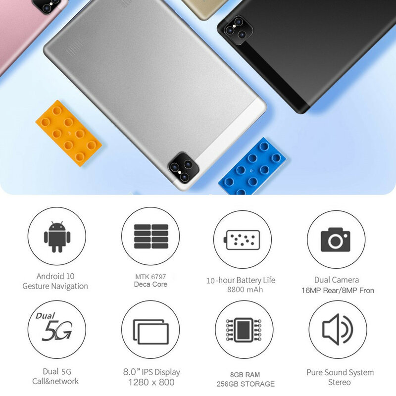 Планшет 8-дюймовый, android 10, 8 Гб 256 ГБ, десять ядер, Google Play 800x1280, две SIM-карты