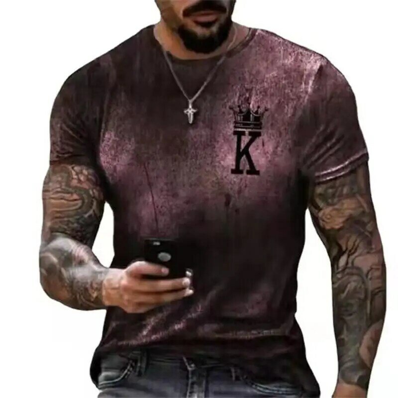 Fashion K gradient printing European and American men's summer loose round neck poker short-sleeved T-shirt top