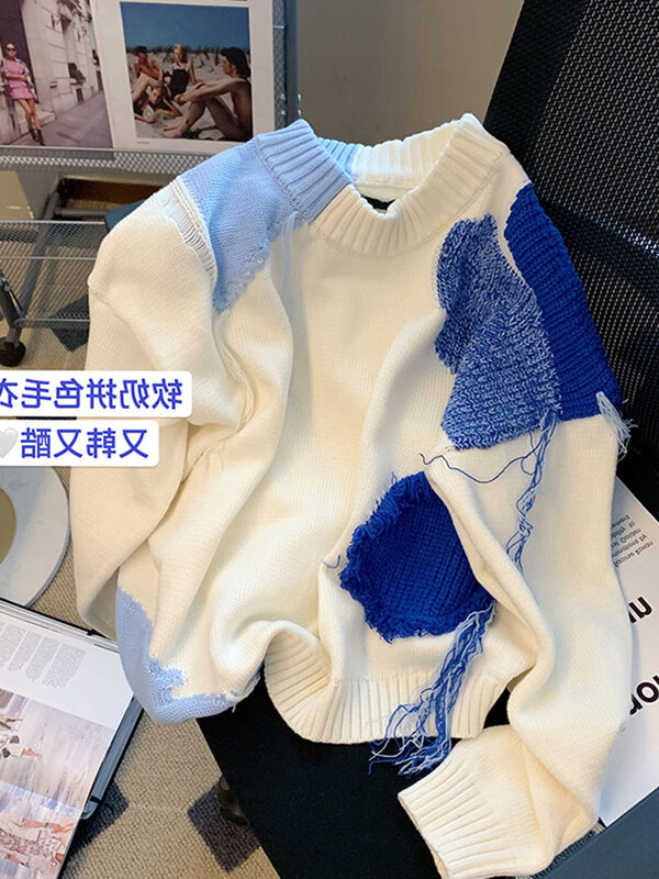 가을/겨울 패션, 일본 패션, 여성 스웨터 풀오버, 흰색, 느슨한 니트 점퍼, 컬러 블록 디자인 하트 스웨터, 2022 년 상품