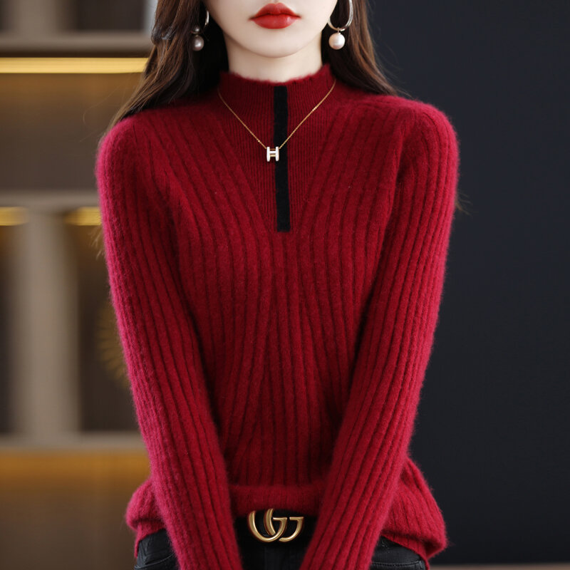 100% Wool Knitted Women's New Sweater Half-Height Bottoming Shirt in Autumn And Winter is Versatile, Loose And Slim