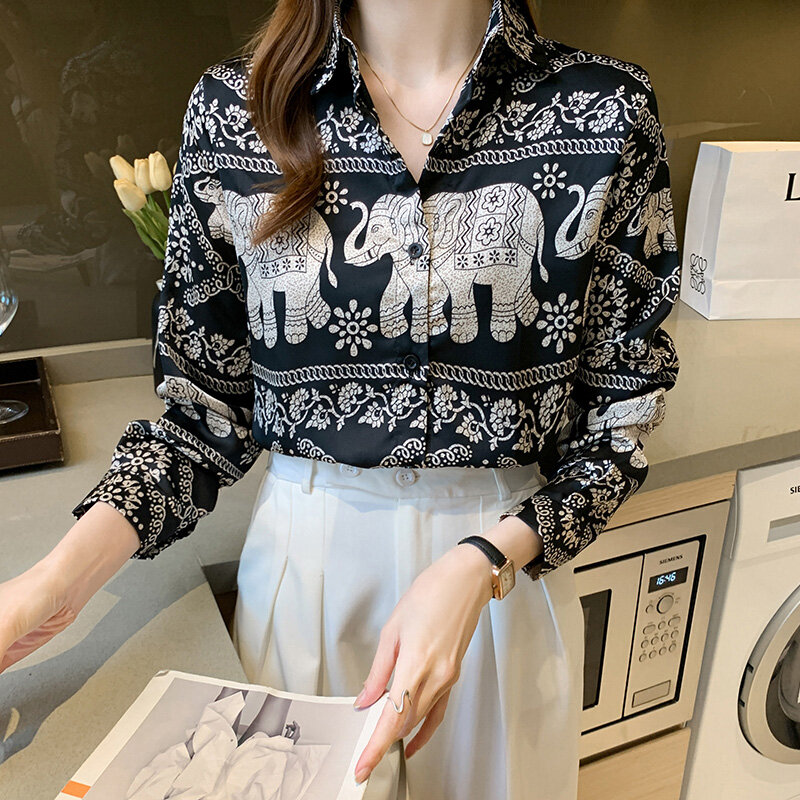 Chemise à manches longues en soie satinée pour femme, haut décontracté avec imprimés d'animaux, collection printemps-automne 2020