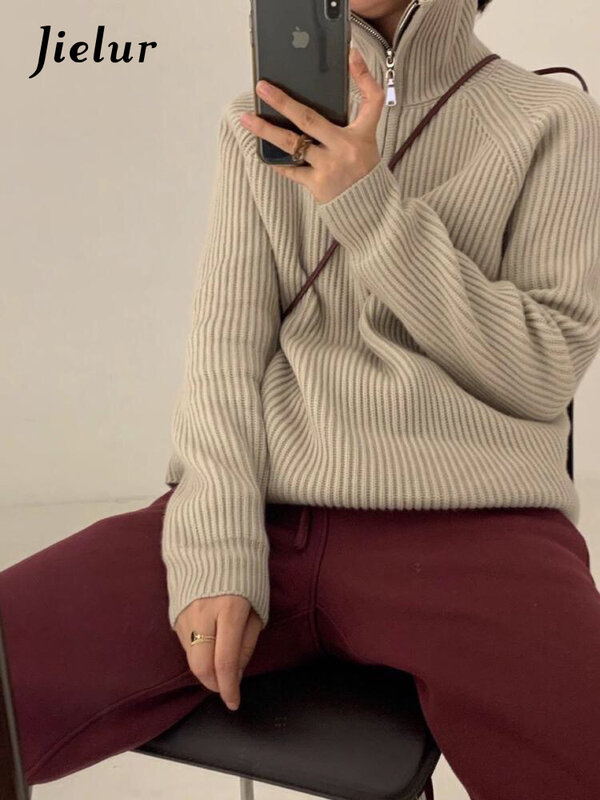 Jielur-suéter holgado de manga larga para mujer, Jersey de punto con cremallera de gran tamaño, Color sólido, cuello alto, Otoño e Invierno