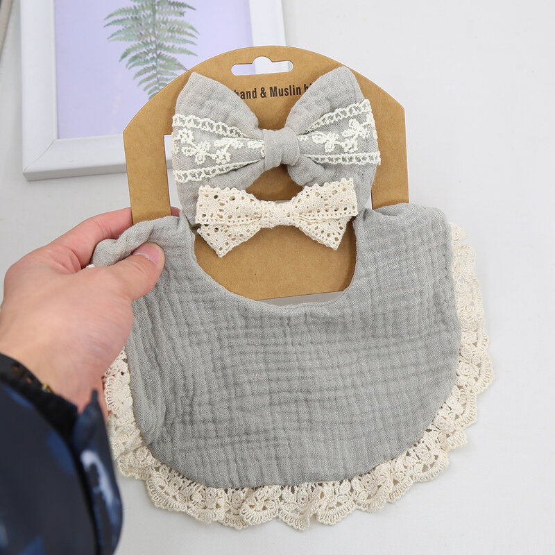 3pcs/set Baby Girl Gauze Bibs with Headbands Newborn Drool Cotton Muslin Solid Color Saliva Towel Infant Scarf Tassel Burp Cloth