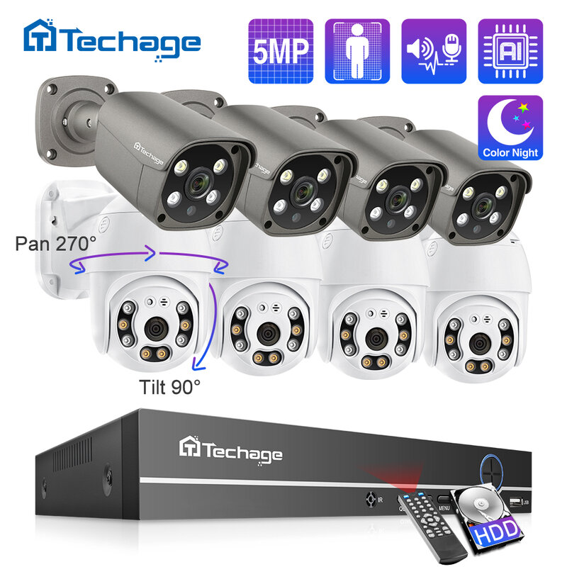 Techage 야외 PTZ 비디오 감시 IP 카메라 세트, 5MP HD 보안 카메라 시스템, 8CH POE NVR 키트, CCTV 양방향 오디오, AI P2P