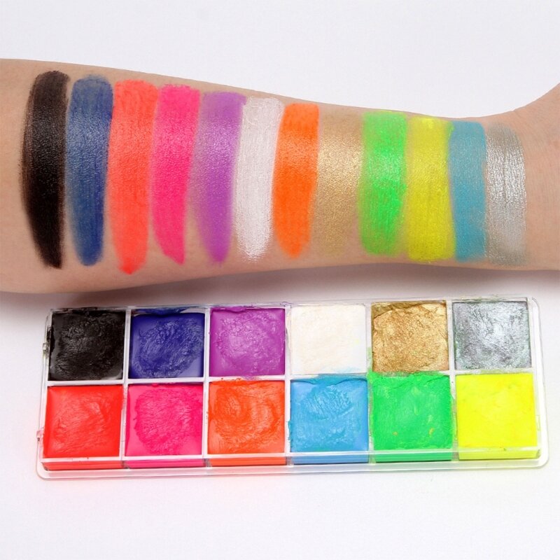 12 Color Fluorescent Body Paint Palette, Water Based Halloween Makeup Body Paint New Dropship