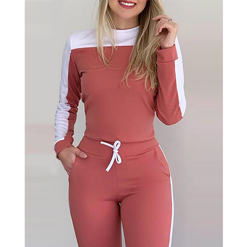 Mandylandy retalhos conjunto feminino outono manga longa com capuz conjunto calça streetwear magro treino com cordão jogging conjunto moletom