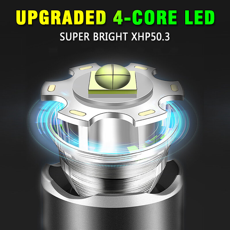 새로운 XHP50 슈퍼 강력한 줌 손전등 Type-C 충전식 고출력 전술 손전등 방수 등 26650 배터리 사용