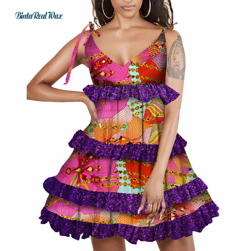 アフリカの女性のドレスカジュアルdoubeストラップドレスアフリカプリント多層女性のためのアフリカの伝統的な服WY7993