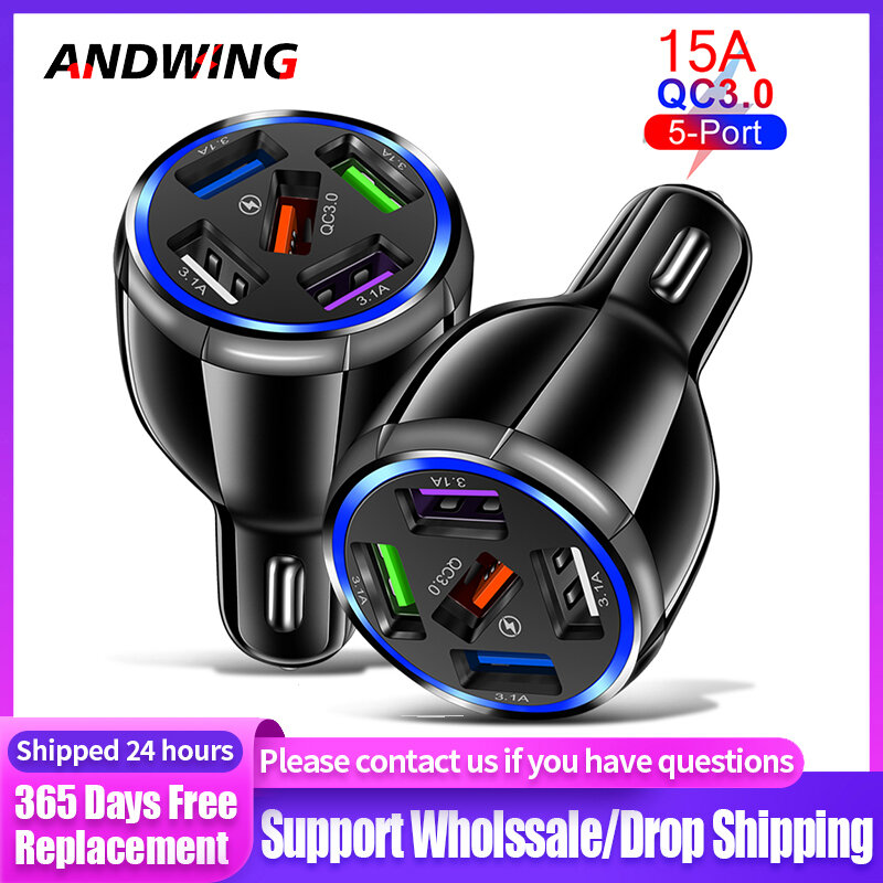 ANDWING – chargeur de voiture 5 Ports USB 15a, Charge rapide, adaptateur pour iPhone 13, Samsung, Xiaomi, Redmi, Huawei