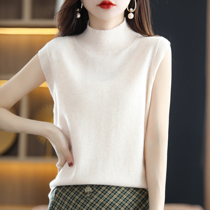 Camisola de lana pura para mujer, Jersey corto que combina con todo, ajustado, sin mangas, Cuello medio alto, 100%