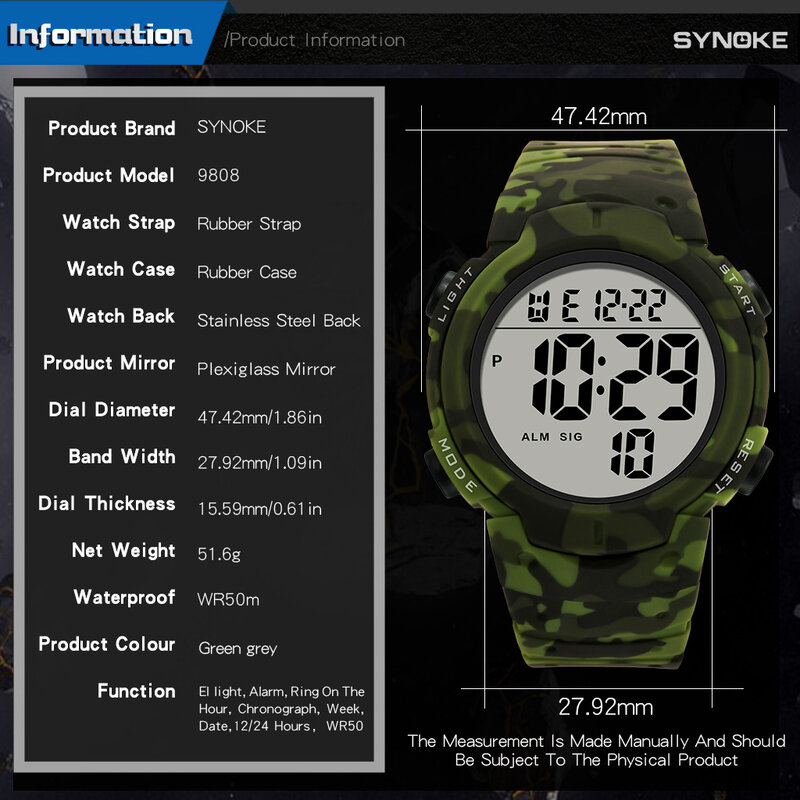 SYNOKE Military Digital Watches Men Sports Big Numbers Watch 50M Waterproof Multifunction Alarm Reloj Hombre Male Clock
