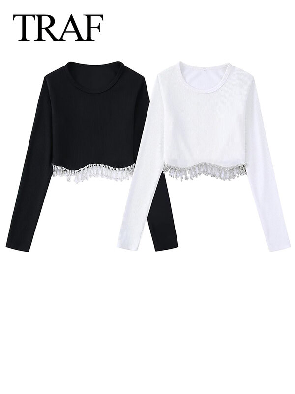 TRAF Fashion – haut en tricot confortable à manches longues pour femmes, bicolore, noir et blanc, polyvalent, strass, frange, bord, dames