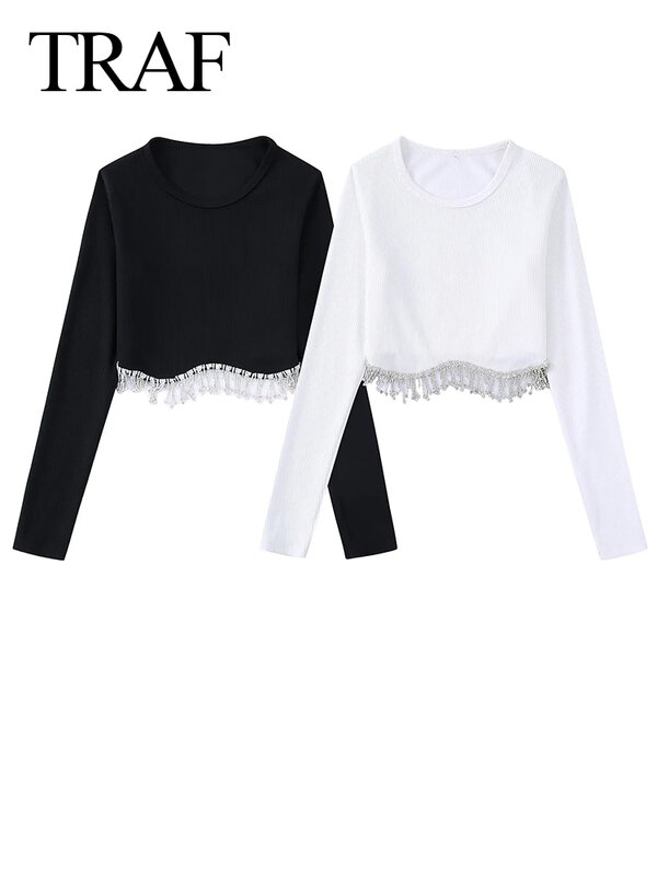 WESAY JESI-Top de dos tonos blanco y negro para mujer, Top versátil con borde de flecos y diamantes de imitación, Top de punto de manga larga cómodo a la moda