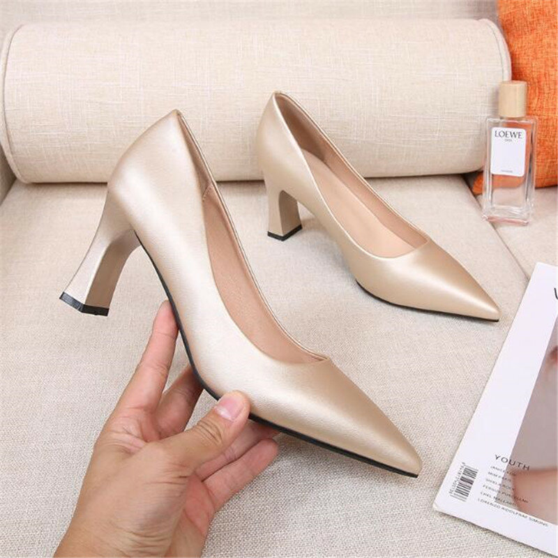 Plus Size43 Women Pumps High Heels Elegant Pointed Toe Shallow Shoes Woman White Wedding Square Heeled Ladies Office Dress Shoe