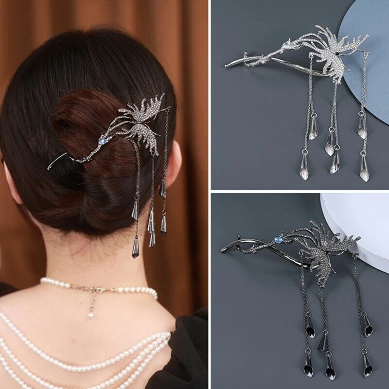 Delicate Butterfly Shape Hairpin Chinese Hair Stick with Dangle Tassel Metal Hair Stick for Hair Styling Accessories