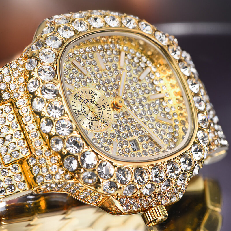 Hip hop iced para fora relógio para homem luxo totalmente bling diamantes dos homens relógios de quartzo relógio de pulso à prova d18 água 18k ouro relogio masculino