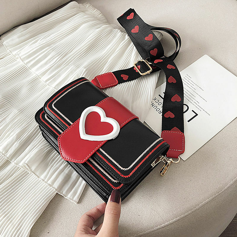 Vrouwelijke Trendy Korea Hart Messenger Bag Voor Meisjes Zoete Leuke Kleine Schoudertas Mode Breedband Vierkante Portemonnee Portemonnee Handtas