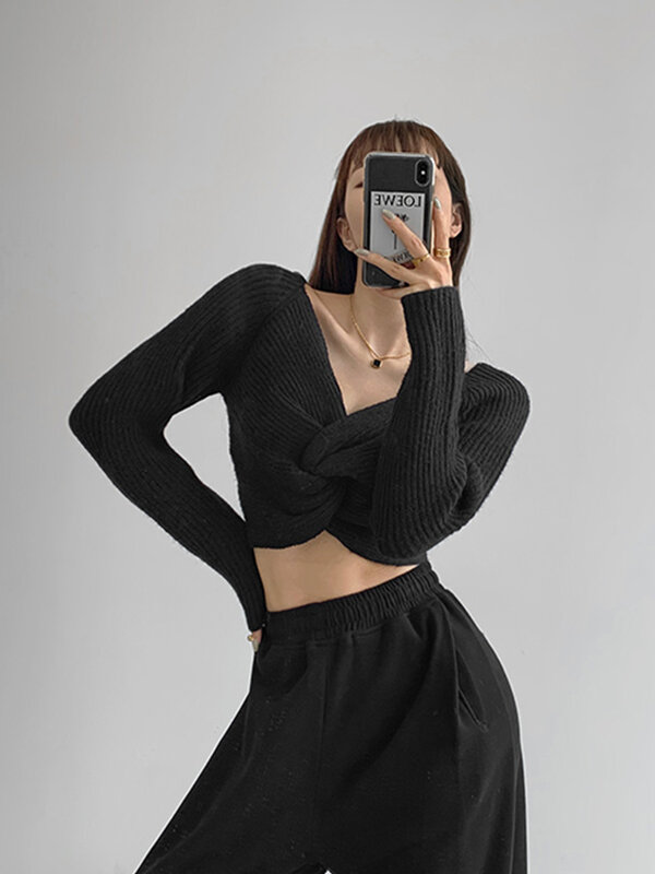 빈티지 v넥 스웨터 여성용 Y2k 의류, 트위스트 크로스 짧은 한국 패션 스트리트 웨어 스웨터 가을 긴 소매 탑 2022