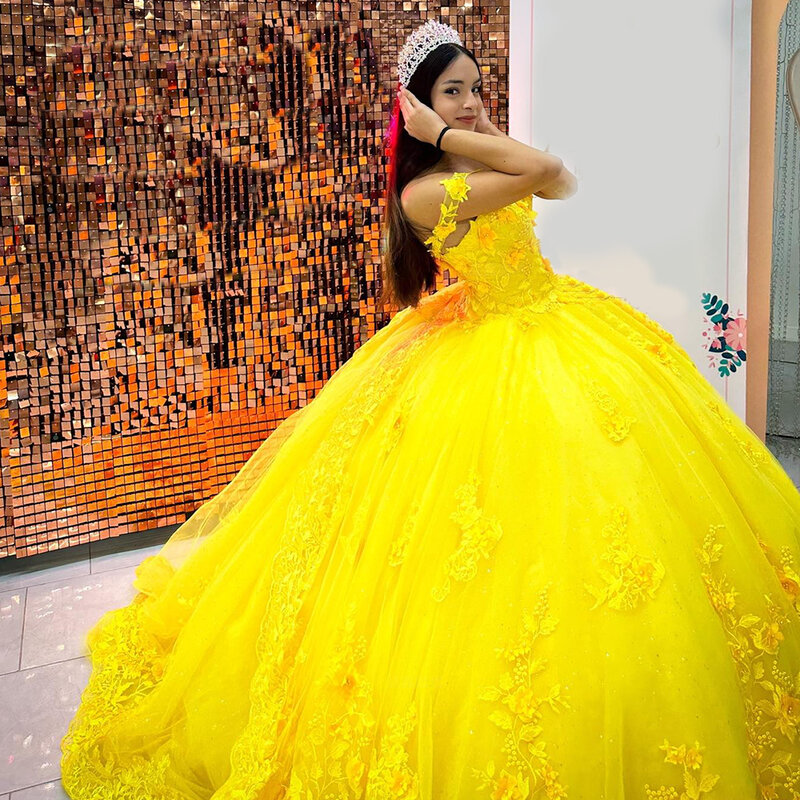 Желтое Тюлевое платье Quinceanera мексиканское милое ТРАПЕЦИЕВИДНОЕ женское 3D Цветочное платье на шнуровке Vestidos De XV Anos