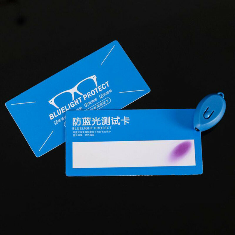 Tarjeta de prueba de luz azul de PVC, gafas de luz UV, accesorios de prueba, tarjeta de detección de luz azul, tarjeta generadora