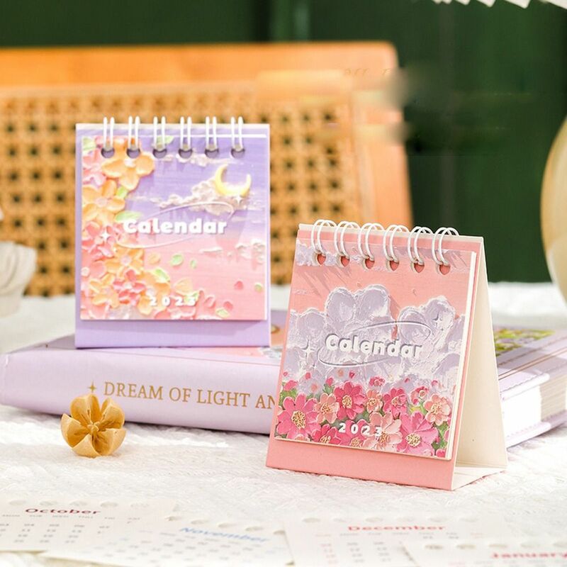 1 PCS 2022-2023 Mini Calendar Creative Landscape Painting Flower Series Desk Calendar Simple Fashion Flip Calendar