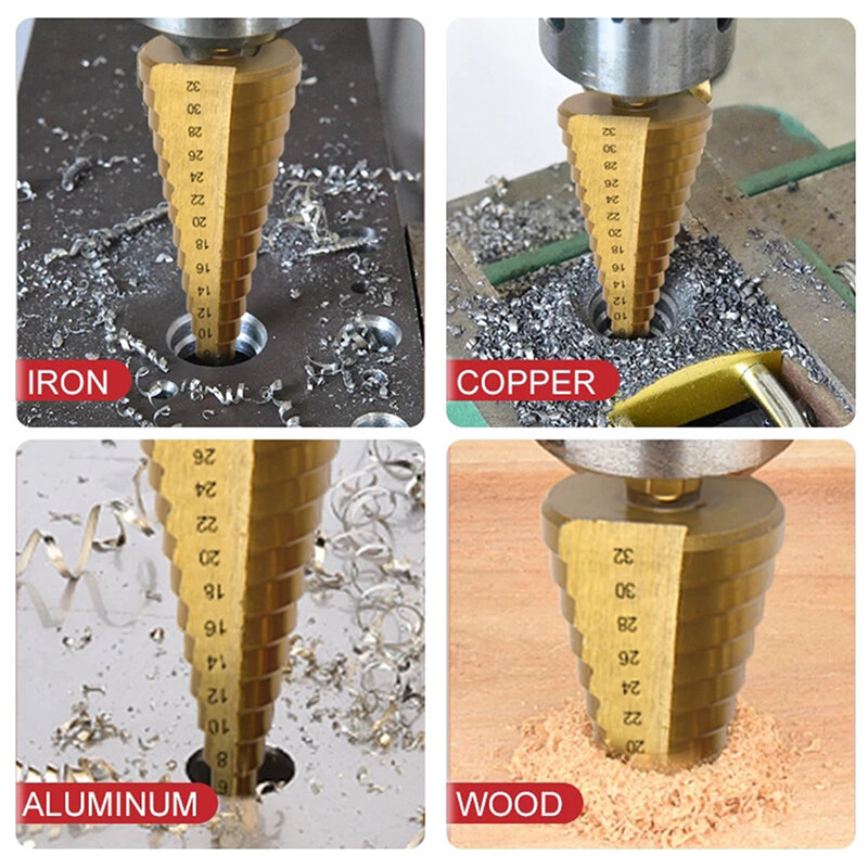 Набор ступенчатых Сверл из титана и стали, комплект из 6 насадок 4-12/20/32 мм, для отверстий в металле, по дереву