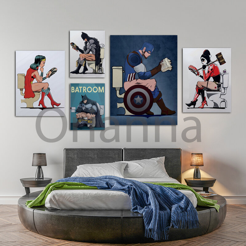 Arte de pared con impresión en Hd, pintura en lienzo de Capitán América, Joker, Spider Man, Superman, Batman en el inodoro, imagen de decoración del hogar, póster divertido