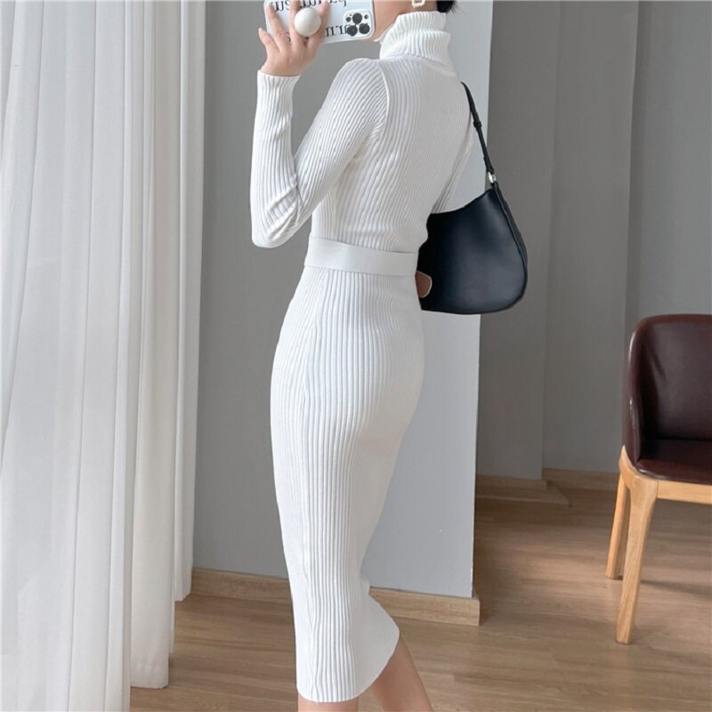 Wisher & tong 2022 outono roupas femininas vestido de malha durtleneck manga longa branco vestido de malha coreano elegante vestido de camisola longa