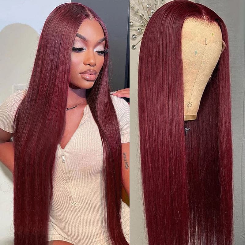 13x4 Transparent Lace Frontal Wigs Straight Human Hair Wigs for Women Pre Plucked Burgundy Brazilian Wig Perruque Cheveux Humain