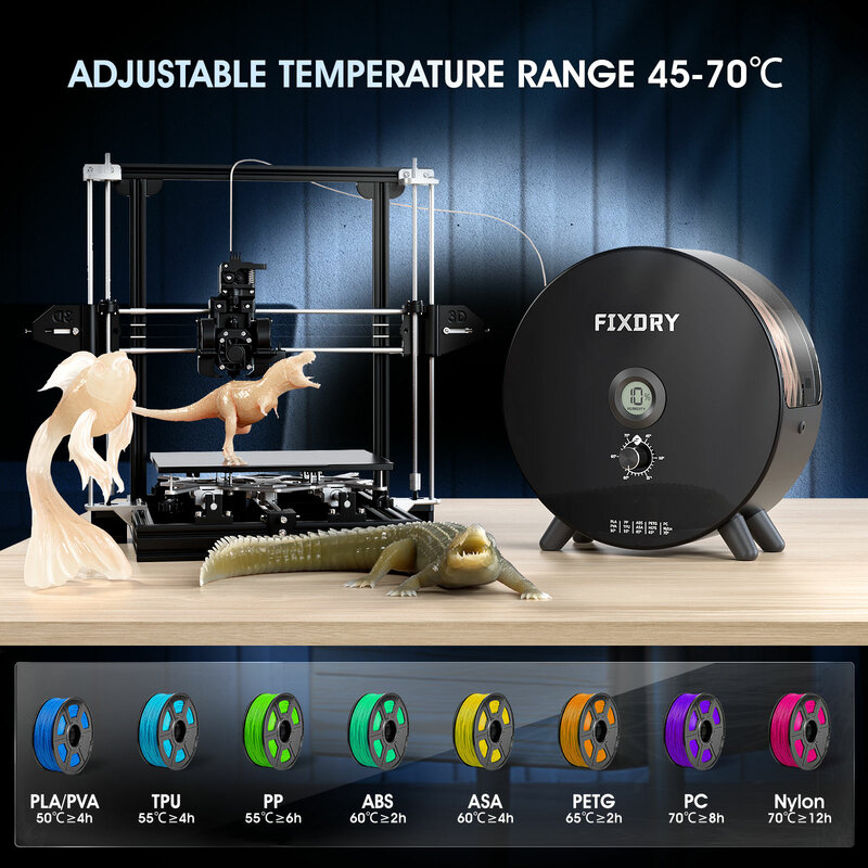 FIXDRY 3D Printer Filament Dry Box with Fan Temperature Control, Compatible Nylon PVA PLA PETG TPU 1.75mm 2.85mm 3.00mm,Storage