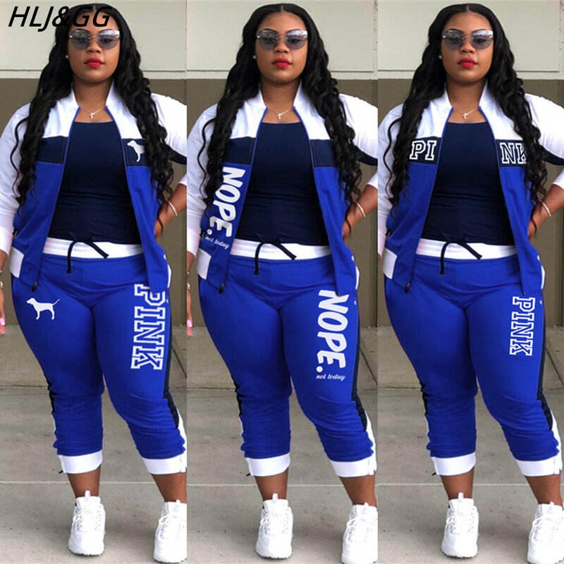 HLJ&GG Casual Sporty Two Piece Sets Women Zipper Long Sleeve Top + Jogger Pants Tracksuits Spring PINK Letter Print 2pcs Outfits