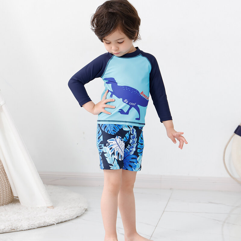 2-16 Y Children's Swimsuit Blue Dinosaur One Piece Set With Swimwear Cap Boys Swimming Suit Kid 2022 New Baby Beachwear Summer