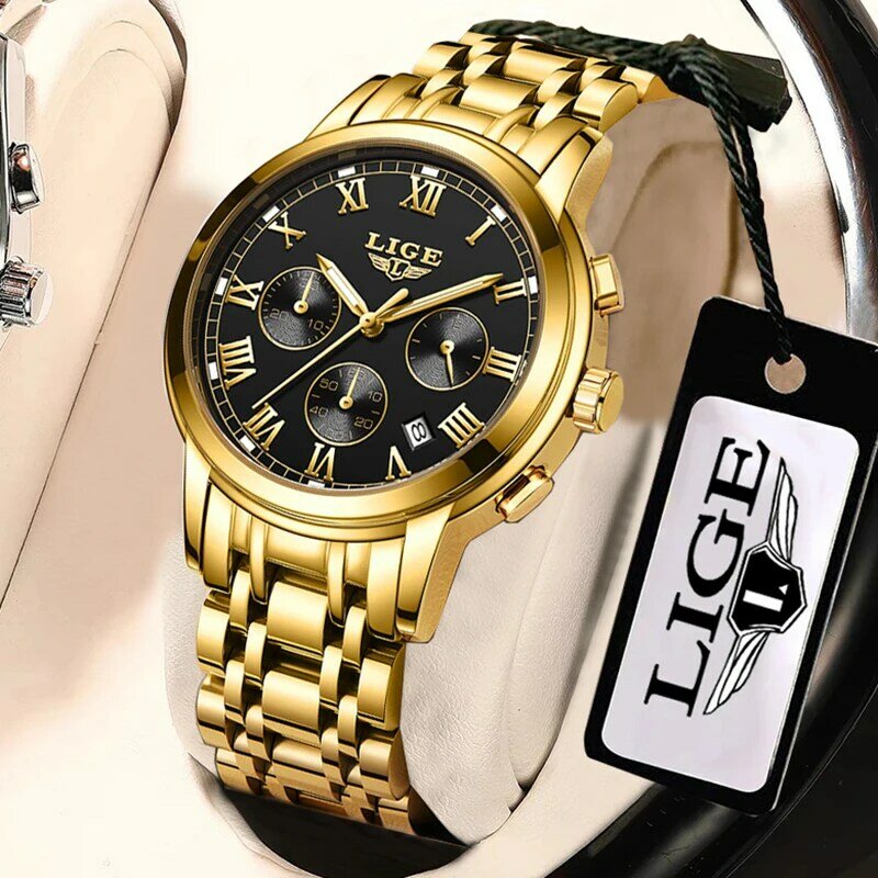 LIGE-캐주얼 스포츠 남자 시계, 크로노그래프 스테인레스 럭셔리 손목 시계, 큰 다이얼 쿼츠 시계, 야광