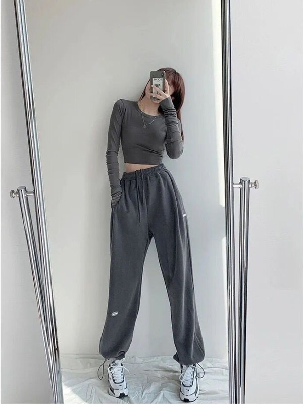 Y2K-Pantalones deportivos holgados e informales para mujer, ropa de calle de gran tamaño, de cintura alta y pierna ancha, estilo coreano, 2023