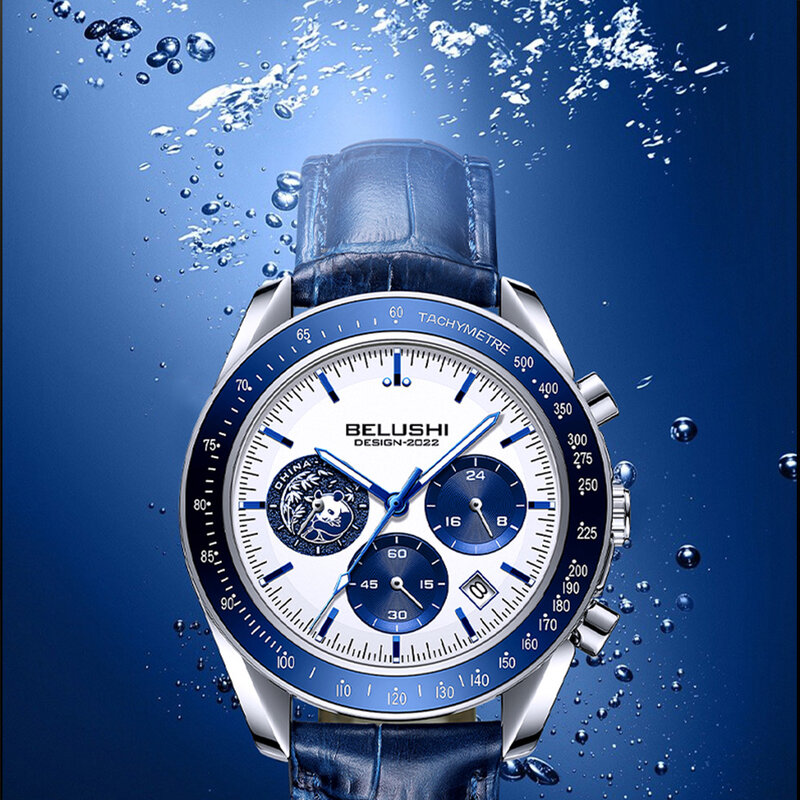 Belushi-럭셔리 브랜드 남자 시계, 팬더 디자인 크로노그래프 방수 가죽 시계, 남성용 무료 배송