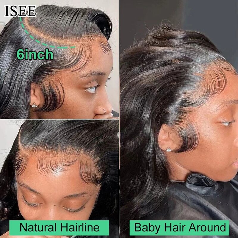Perruque Lace Front Wig brésilienne naturelle,-ISEE HAIR, cheveux humains, Body Wave, 13x6 HD, 32 pouces, pre-plucked, 360