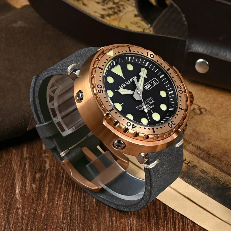 San Martin-Men's Diver Tuna Bronze Relógio Mecânico Automático, Pulseira de Couro, Sapphire Luminous, 300m Impermeável, Janelas Calendário