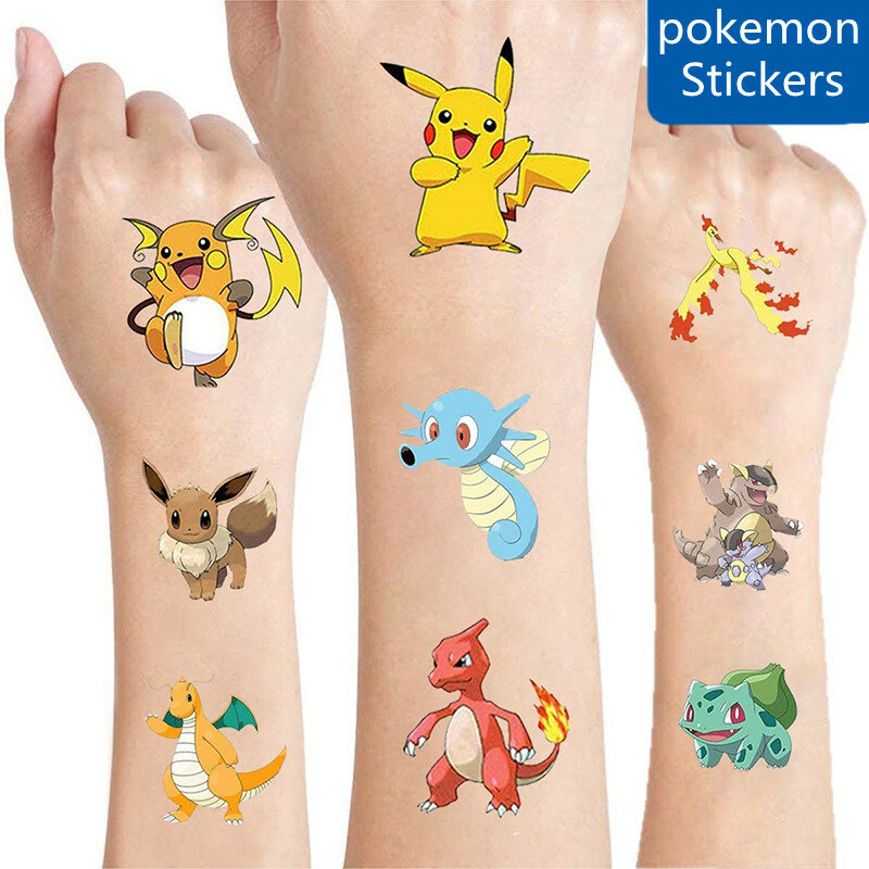 Pegatinas de tatuajes de Pokémon de Anime de 17 estilos, pegatinas impermeables de dibujos animados, bonitos tatuajes de Pikachu, pegatina de Color temporal para la cara, regalo para fanáticos de Kawaii