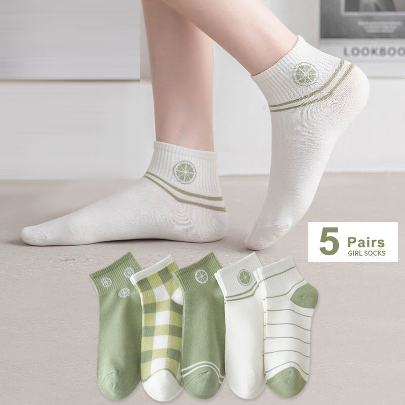 5 pares/lote dos desenhos animados de algodão bonito baixa meia feminina verão estilo universitário tornozelo meias curtas meninas casual respirável rua fina meias
