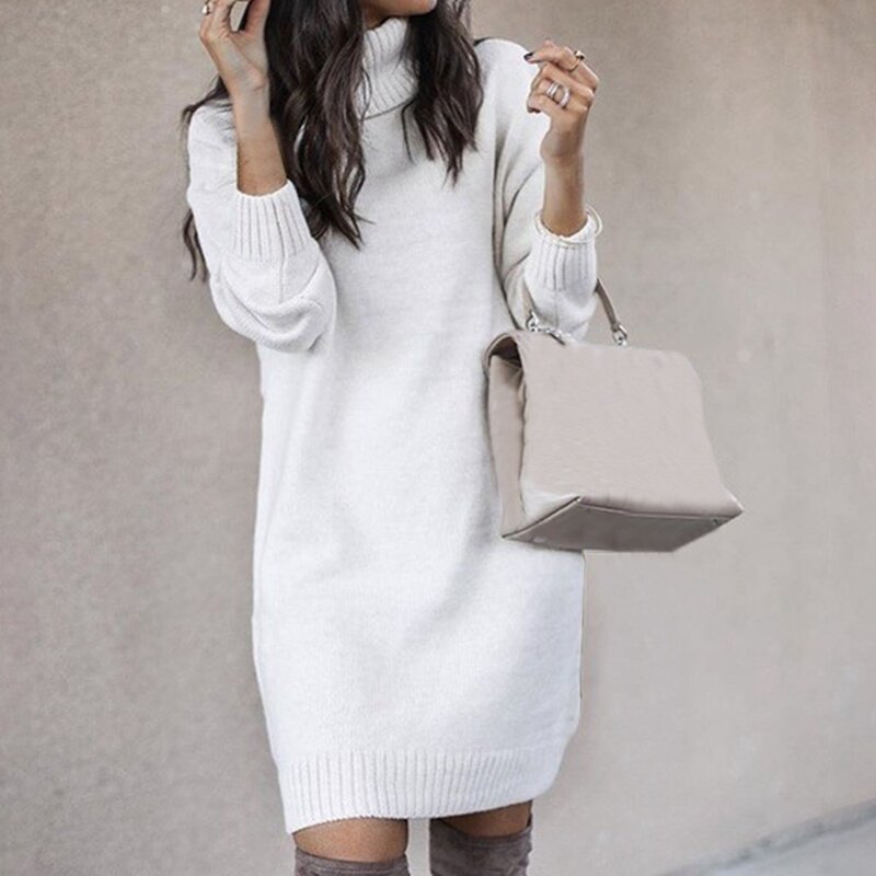 Turtleneck Long Sleeve Sweater Dress Women Autumn Winter Loose Long Tunic Knit Pullovers Sweater Casual Knitted Dresses 2022 New