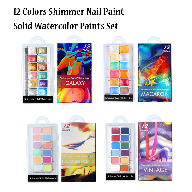 6/12 Colors Solid Watercolor Paints Set Glitter Pearlescent Nail Paint Pigment Art Shimmer Watercolors Drawing School Stationery