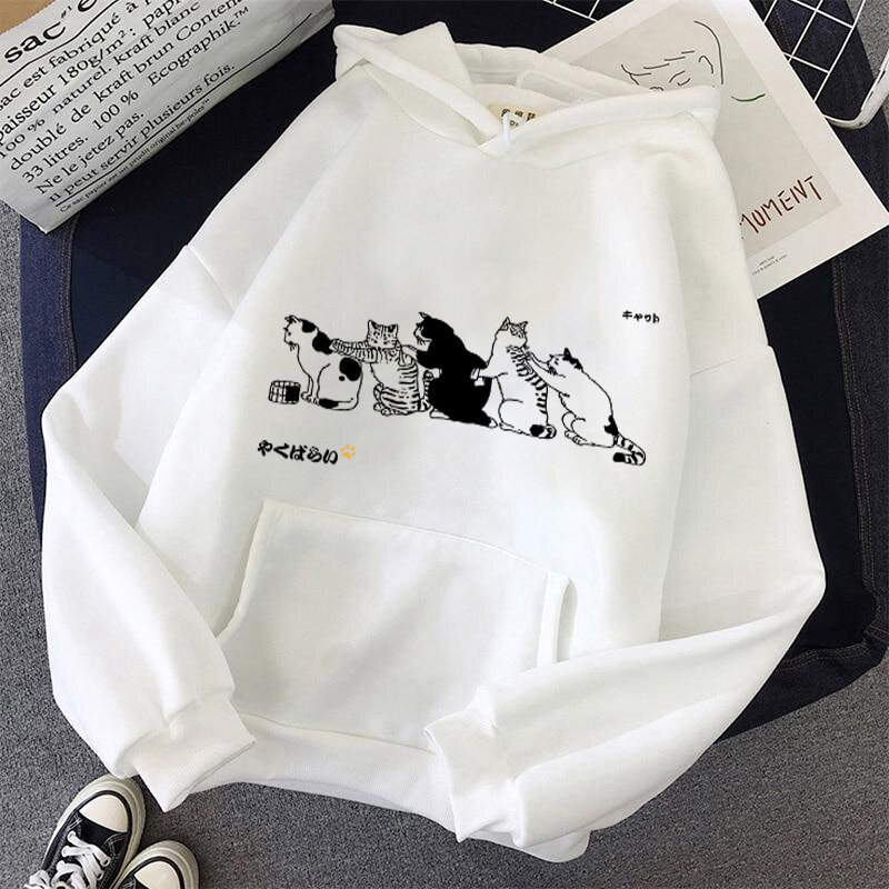 Women's Casual Hoodie Pet Cat Cartoon Printed Long Sleeve Pullover Top New Hooded Casual Loose Jacket Outerwear Couple Wear
