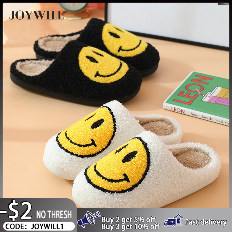 JOYWILL 2022ผู้หญิงฤดูหนาวรองเท้าแตะ Plush Smile Face Fluffy รองเท้าแตะอุ่นบ้านหนาลื่นผู้หญิงรองเท้าผ้าฝ้าย