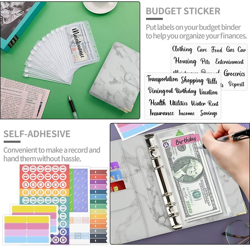A6 PU Leder Bindemittel Budget Planer Organizer Set, mit Klar Cash Umschläge, Budget Blätter und Label Aufkleber, für Geld Sparen
